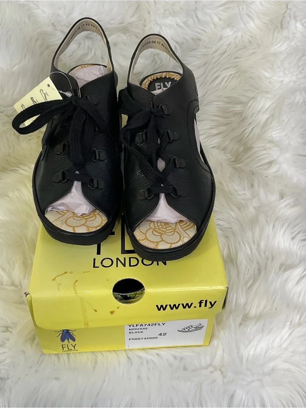 NEW FLY London Black Ylfa Leather Lace-Up Wedge Sandals Size 42